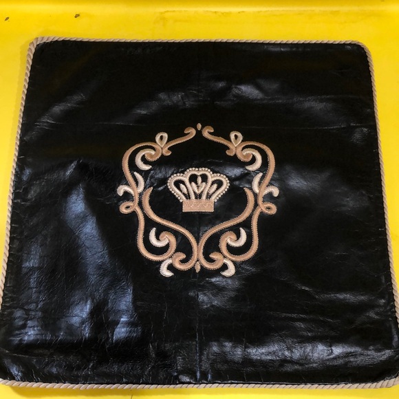 Two (matching pair) Black Leather Pillow Covers with Gold Embroider. 18in x 18in